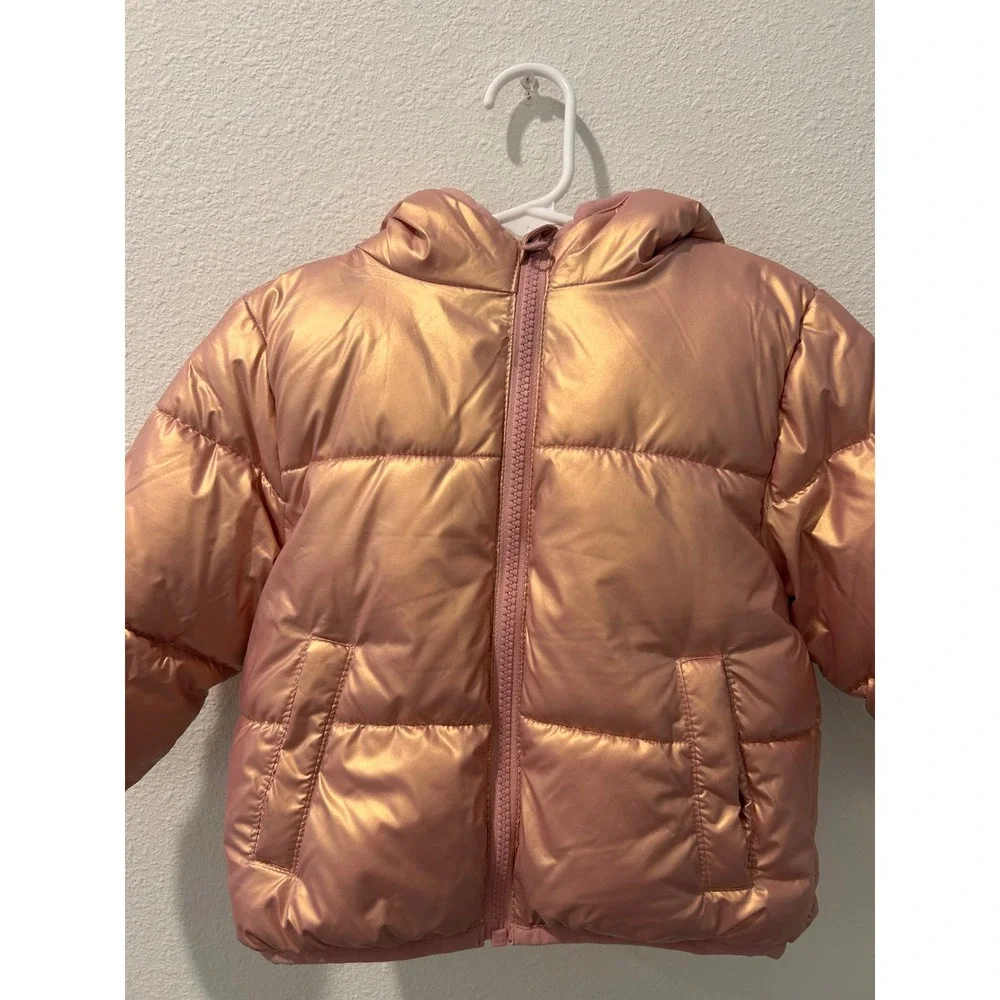 Swiss Tech Baby Girls Metallic Rose Gold Hooded Puffer Jacket Sherpa Lined 12M